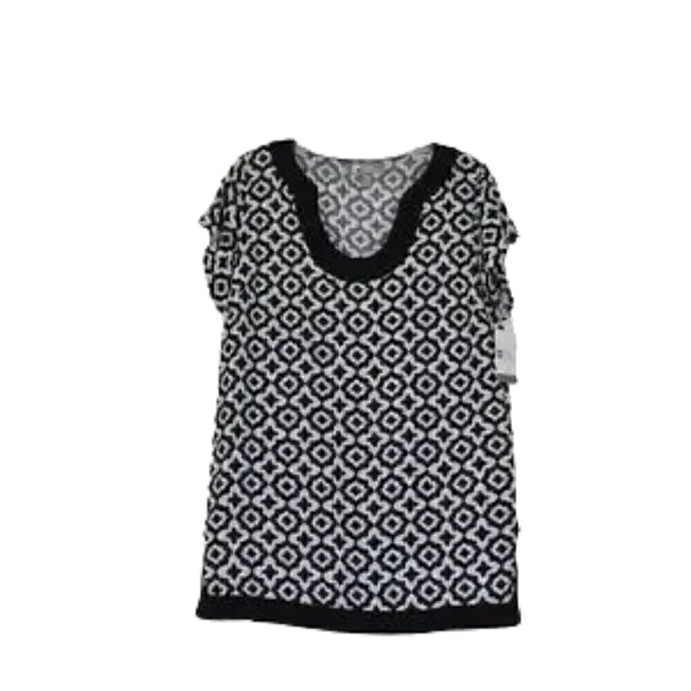 Tina Stephens Short Sleeve Tunic White Black Print Summer Top Size XS